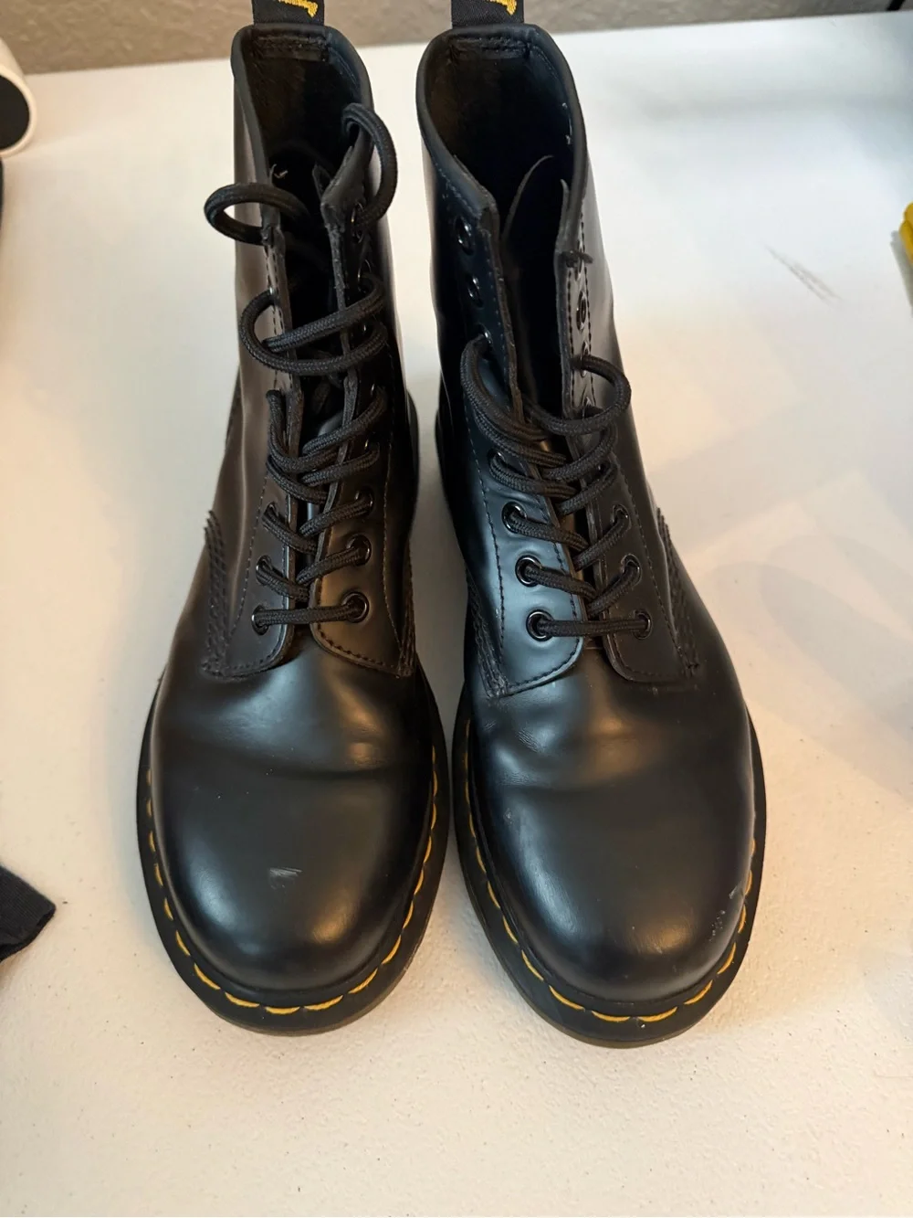 Dr. Martens Black Leather 8-Eye Boots with Yellow Stitching size 7